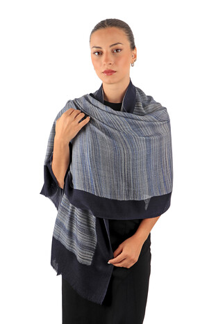 Navy Blue Handcrafted Embossed Pattern Wool Silk Shawl - Thumbnail