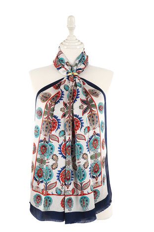 Navy Blue Iznik Pattern Silk Foulard - Thumbnail