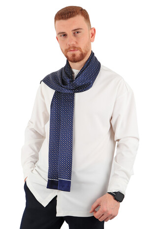 Navy Blue Minimal Pattern Men's Silk Scarf - Thumbnail