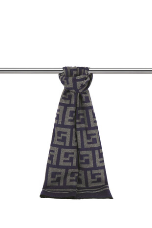 Navy Blue Patterned Men's Scarf - Thumbnail