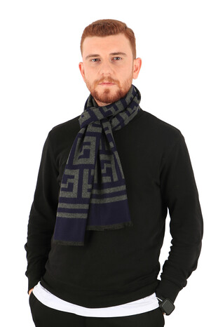 Navy Blue Patterned Men's Scarf - Thumbnail