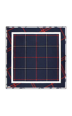 Navy Blue Plaid Pattern Twill Silk Square Scarf - Thumbnail