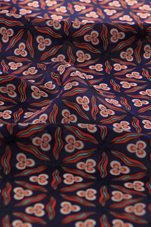 Navy Blue Red Çintemani Pattern Silk Pocket Square - Thumbnail