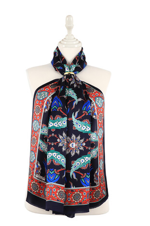 Navy Blue Red Efes Pattern Silk Foulard - Thumbnail