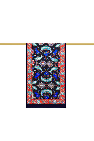 Navy Blue Red Efes Pattern Silk Foulard - Thumbnail