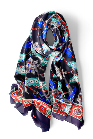 Navy Blue Red Efes Pattern Silk Foulard - Thumbnail