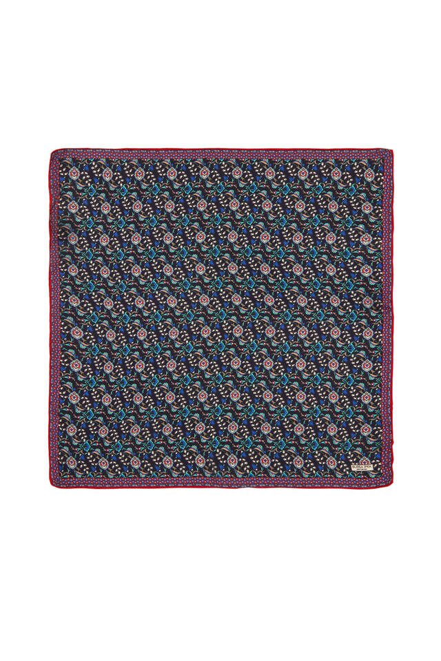 Navy Blue Red Ivy Tulip Pattern Silk Pocket Square 