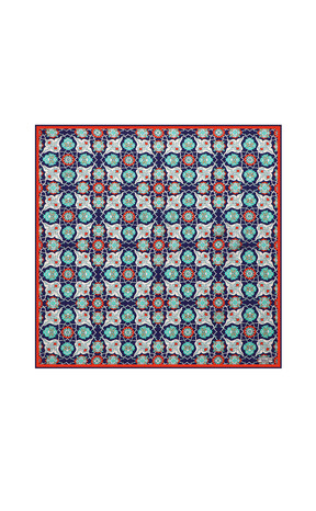 Navy Blue Red Tile Spiral Pattern Silk Pocket Square - Thumbnail