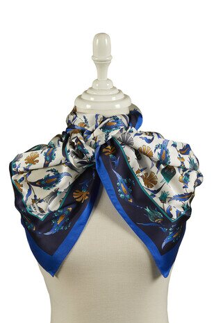 Navy Blue Saks Carnation Tulip Pattern Wide Silky Foulard - Thumbnail