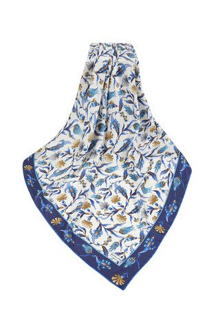 Navy Blue Saks Turkish Pattern Carnation Tulip Pattern Silky Square Scarf - Thumbnail