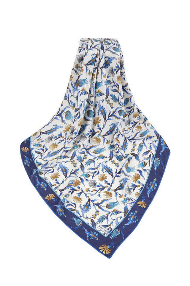 Navy Blue Saks Turkish Pattern Carnation Tulip Pattern Silky Square Scarf - 3