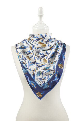 Navy Blue Saks Turkish Pattern Carnation Tulip Pattern Silky Square Scarf - Thumbnail