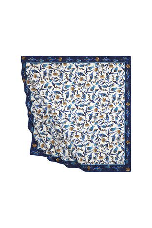 Navy Blue Saks Turkish Pattern Carnation Tulip Pattern Silky Square Scarf - Thumbnail