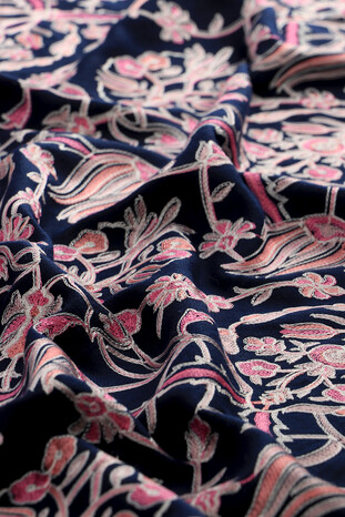 Navy Blue Salmon Tulip Pattern Embroidered Wool Silk Shawl - Thumbnail