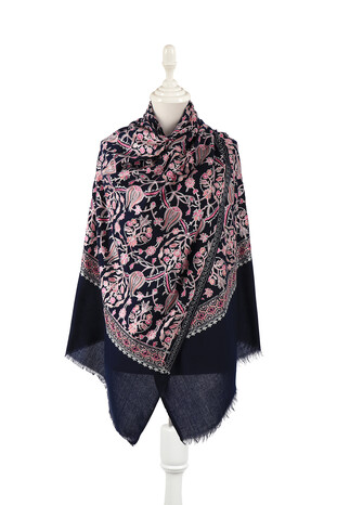 Navy Blue Salmon Tulip Pattern Embroidered Wool Silk Shawl - Thumbnail