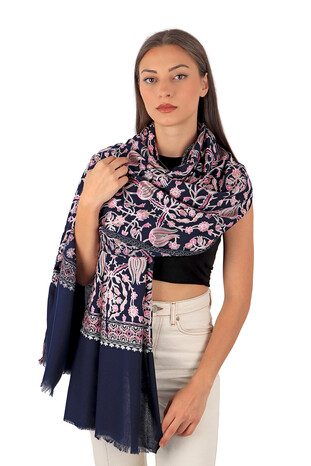 Navy Blue Salmon Tulip Pattern Embroidered Wool Silk Shawl - Thumbnail