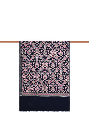 Navy Blue Salmon Tulip Pattern Embroidered Wool Silk Shawl - Thumbnail