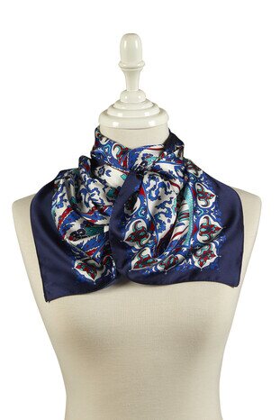 Navy Blue Sax Carnation Pattern Narrow Silky Foulard - Thumbnail