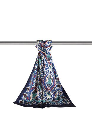 Navy Blue Sax Carnation Pattern Narrow Silky Foulard - Thumbnail