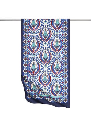 Navy Blue Sax Carnation Pattern Narrow Silky Foulard - Thumbnail