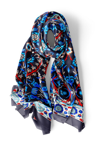 Navy Blue Selcuk Pattern Narrow Silk Foulard - Thumbnail