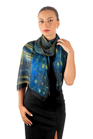 Navy Blue Starry Nights Silk Painting Foulard - Thumbnail