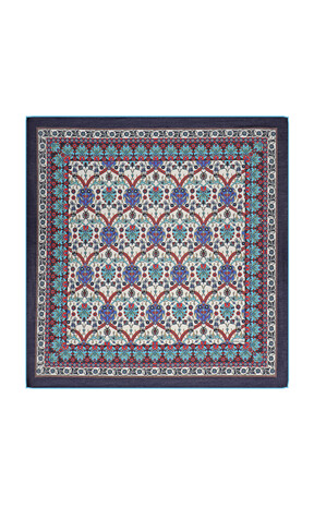 Navy Blue Tile Tulip Pattern Soft Square Scarf - Thumbnail