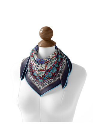 Navy Blue Tile Tulip Pattern Soft Square Scarf - Thumbnail