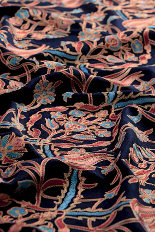 Navy Blue Tulip Pattern Embroidered Wool Silk Shawl - Thumbnail