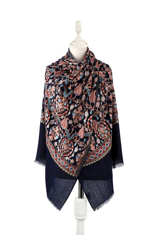 Navy Blue Tulip Pattern Embroidered Wool Silk Shawl - Thumbnail