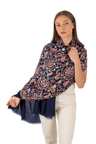 Navy Blue Tulip Pattern Embroidered Wool Silk Shawl - Thumbnail