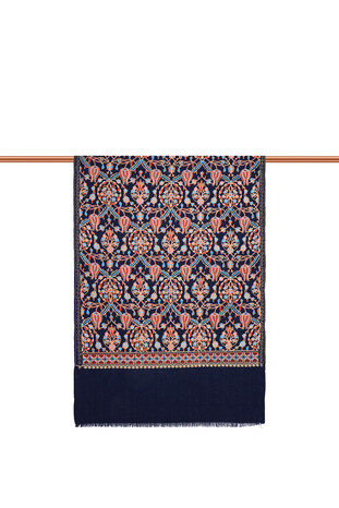 Navy Blue Tulip Pattern Embroidered Wool Silk Shawl - Thumbnail