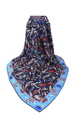 Navy Blue Turkish Pattern Carnation Tulip Pattern Silky Square Scarf - Thumbnail