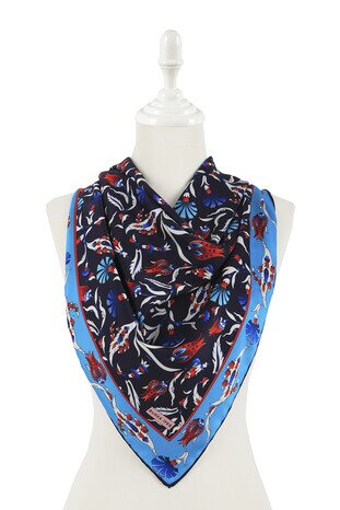 Navy Blue Turkish Pattern Carnation Tulip Pattern Silky Square Scarf - Thumbnail