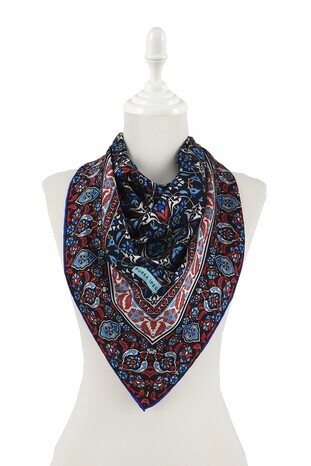 Navy Blue Turkish Patterned Tile Pattern Silk Square Scarf - Thumbnail