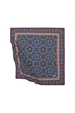 Navy Blue Turkish Patterned Tile Pattern Silk Square Scarf - Thumbnail