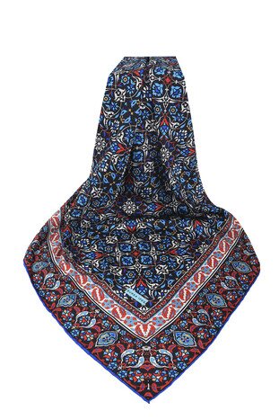 Navy Blue Turkish Patterned Tile Pattern Silk Square Scarf - Thumbnail