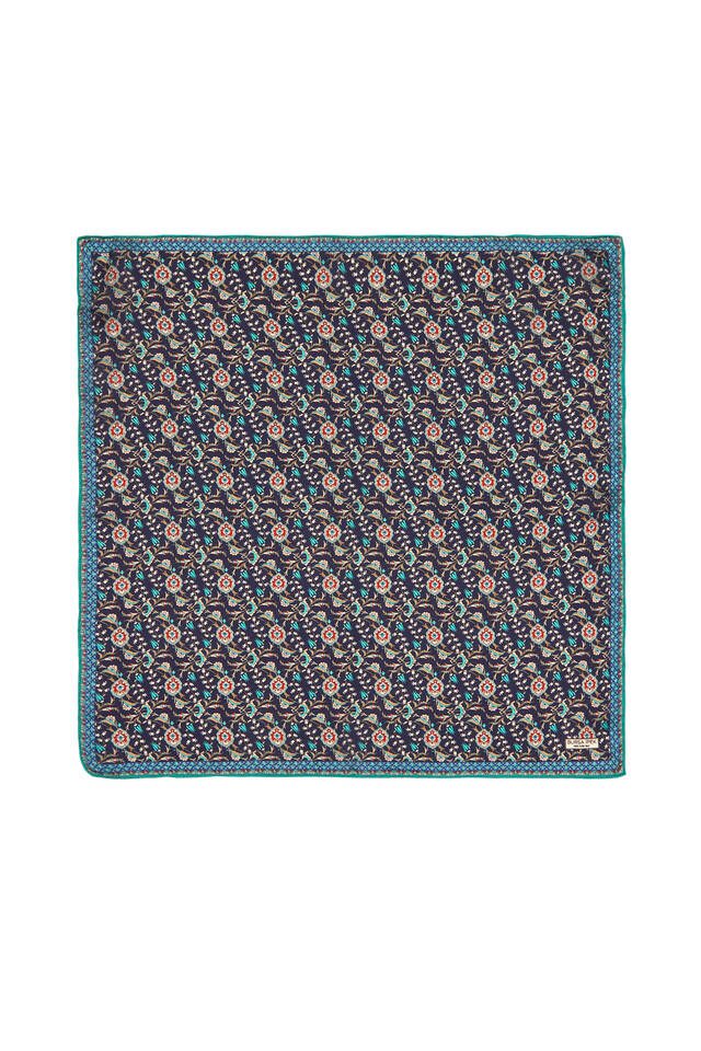 Navy Blue Turquoise Ivy Tulip Pattern Silk Pocket Square 