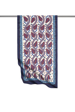 Navy Blue Turquoise Row Tulip Pattern Narrow Silky Foulard - Thumbnail