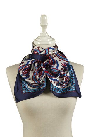 Navy Blue Turquoise Row Tulip Pattern Narrow Silky Foulard - Thumbnail