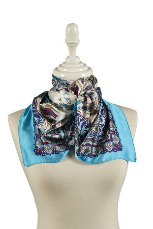 Navy Blue Turquoise Tile Tulip Pattern Narrow Silky Foulard - Thumbnail