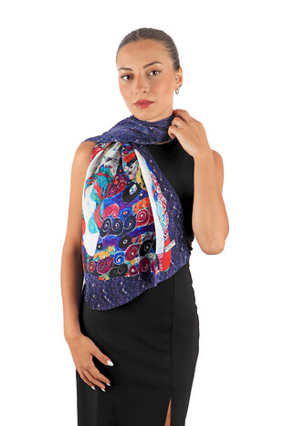 Navy Blue Young Girls Silk Painting Foulard - Thumbnail