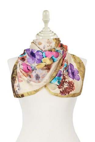 Oil Green Floral Silky Foulard - Thumbnail