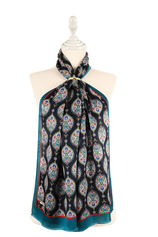 Oil Green Hatai Pattern Silk Foulard - Thumbnail