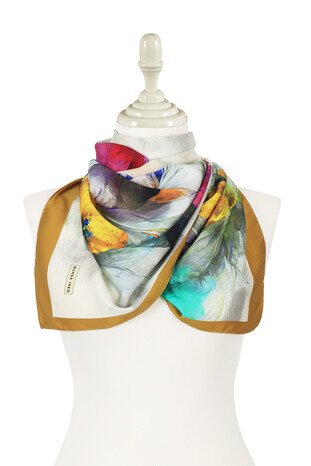 Oil Green Poppy Pattern Silky Foulard - Thumbnail