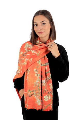 Orange Almond Blossom Pattern Winter Shawl - Thumbnail