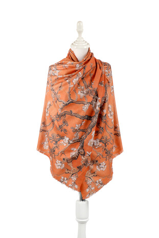 Orange Almond Blossom Pattern Winter Shawl - Thumbnail