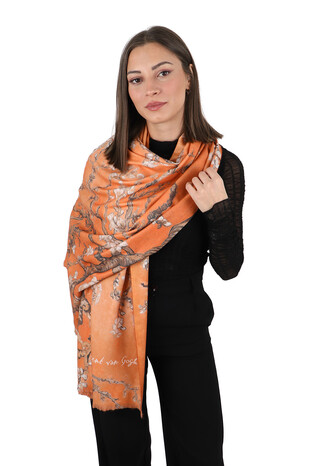 Orange Almond Blossom Pattern Winter Shawl - Thumbnail