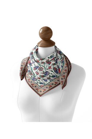 Orange Anatolian Pattern Soft Square Scarf - Thumbnail