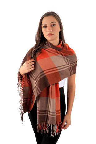 Orange Brown Patterned Winter Shawl - Thumbnail